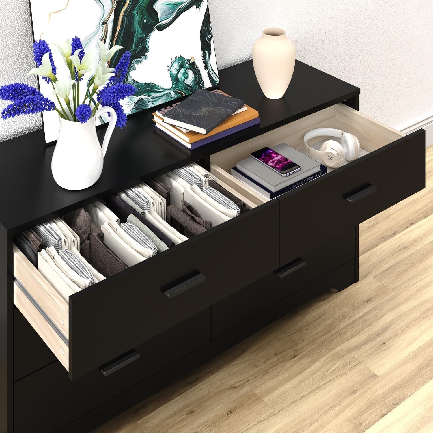 Black 6 Drawer Wooden Chest Storage Cabinet Bedroom Organizer Unit
