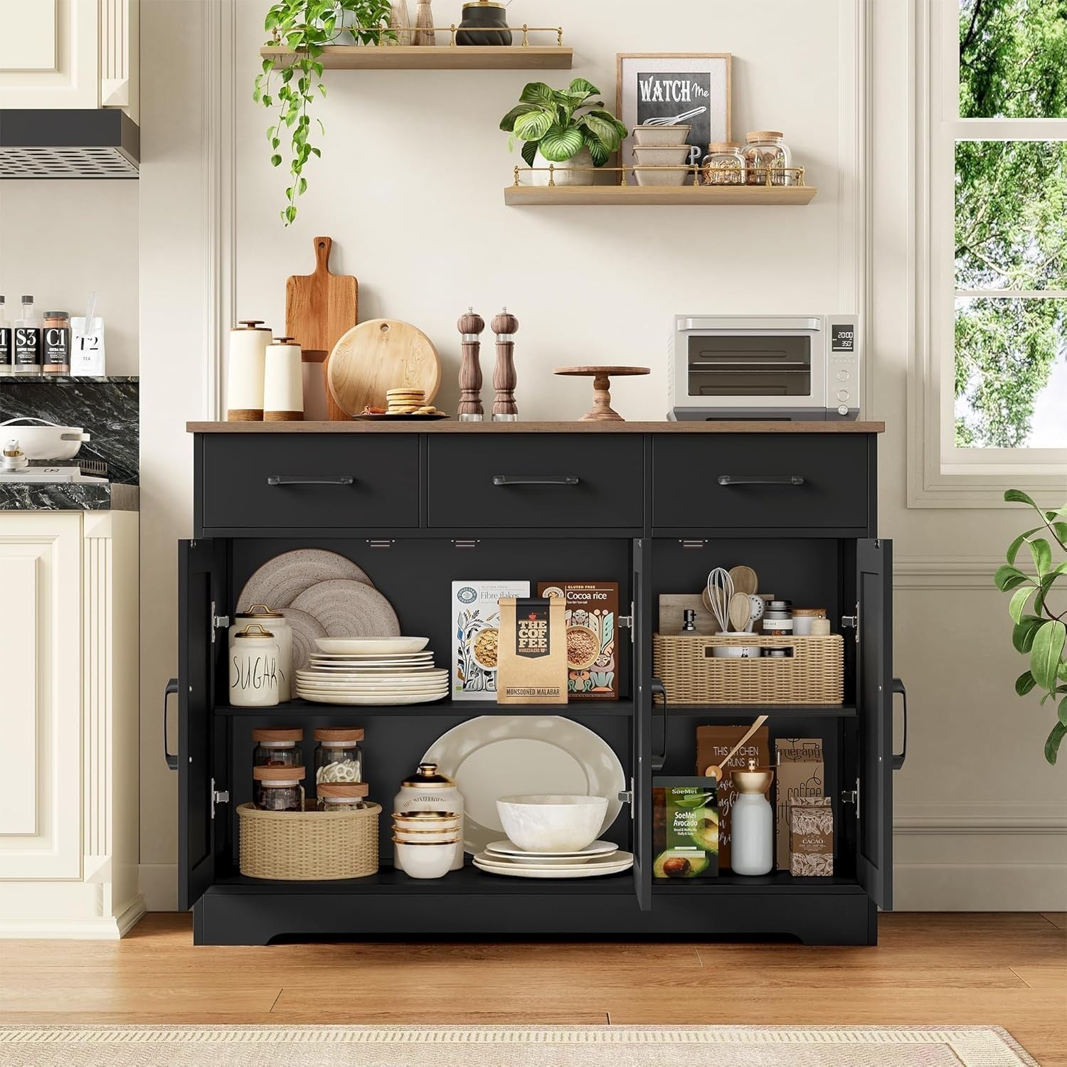 Modern Sideboard Cabinet Black Brown – 3 Drawers 3 Doors, 108cm Storage Unit