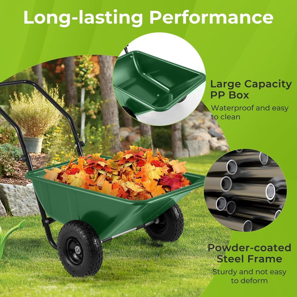 80L 2-Wheel Wheelbarrow Green+Black – Pneumatic Tyres w/ Adj Handle 100kg Cap