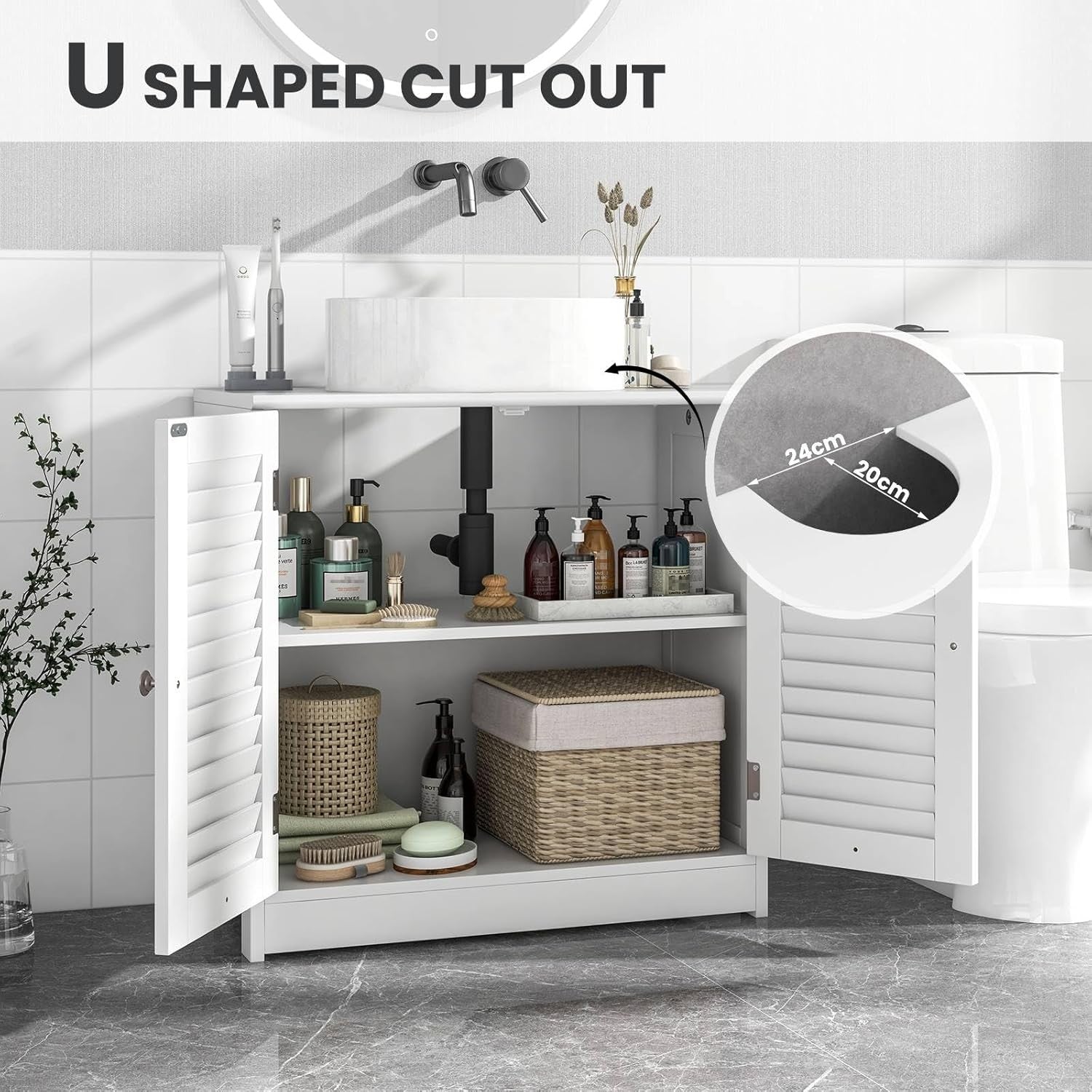 White Under Sink Bathroom Cabinet with Shutter Doors & Adjustable Storage Shelf