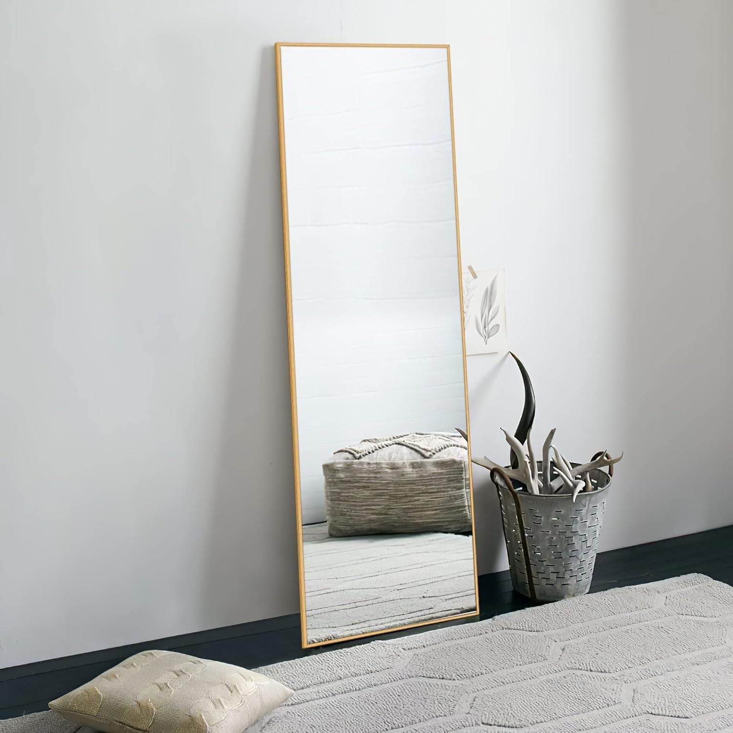 Full Length Mirror Floor Standing Wall Mount 59"x16" Gold Frame Modern