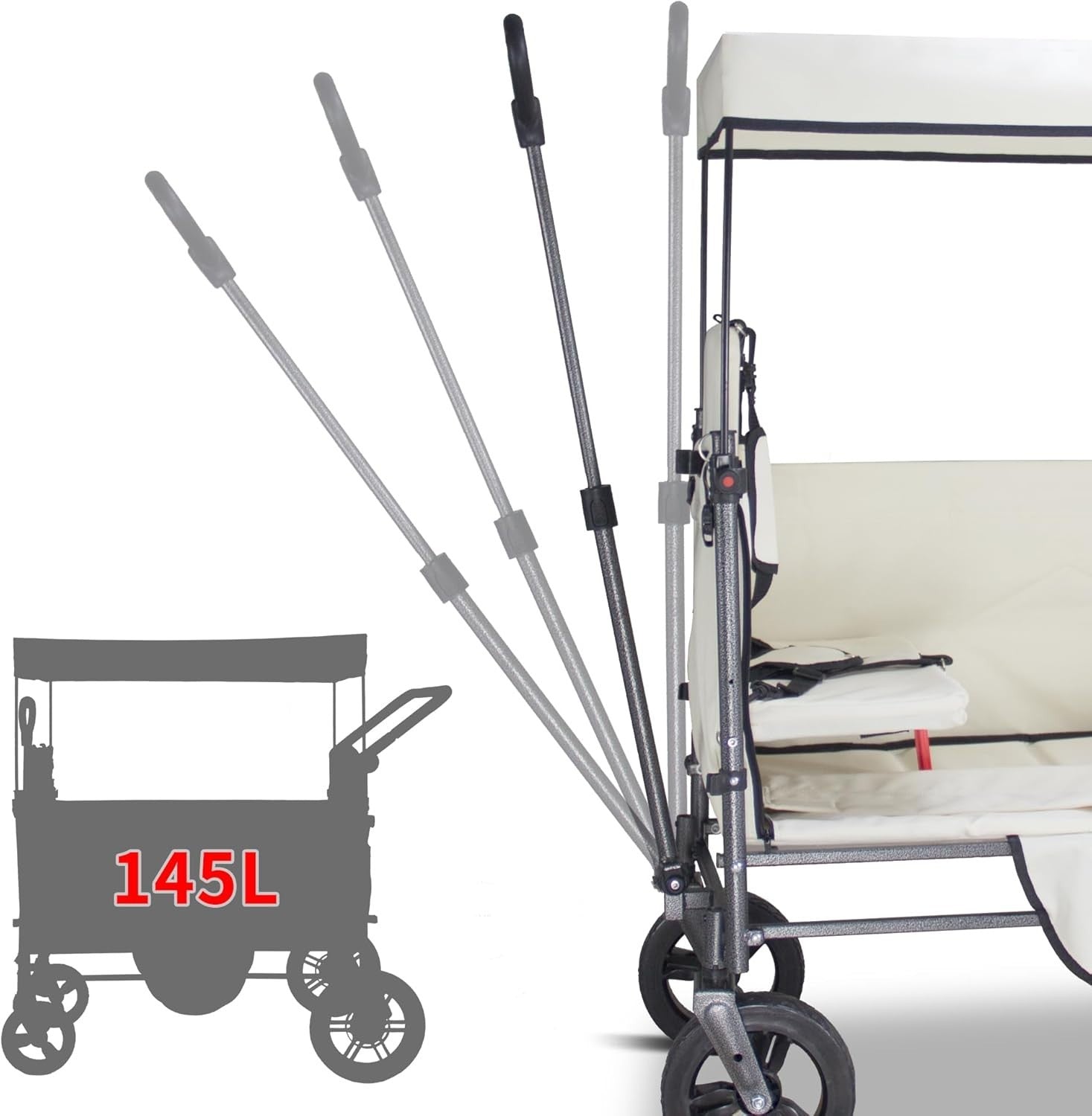 Side-Opening Folding Wagon 120kg Load w/ 2 Seats Canopy Big Wheels Brake Beige