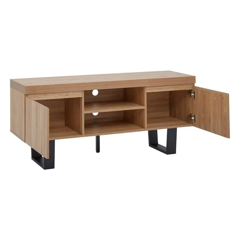 Modern Oak TV Stand Cabinet with Storage Shelves & Black Metal Legs