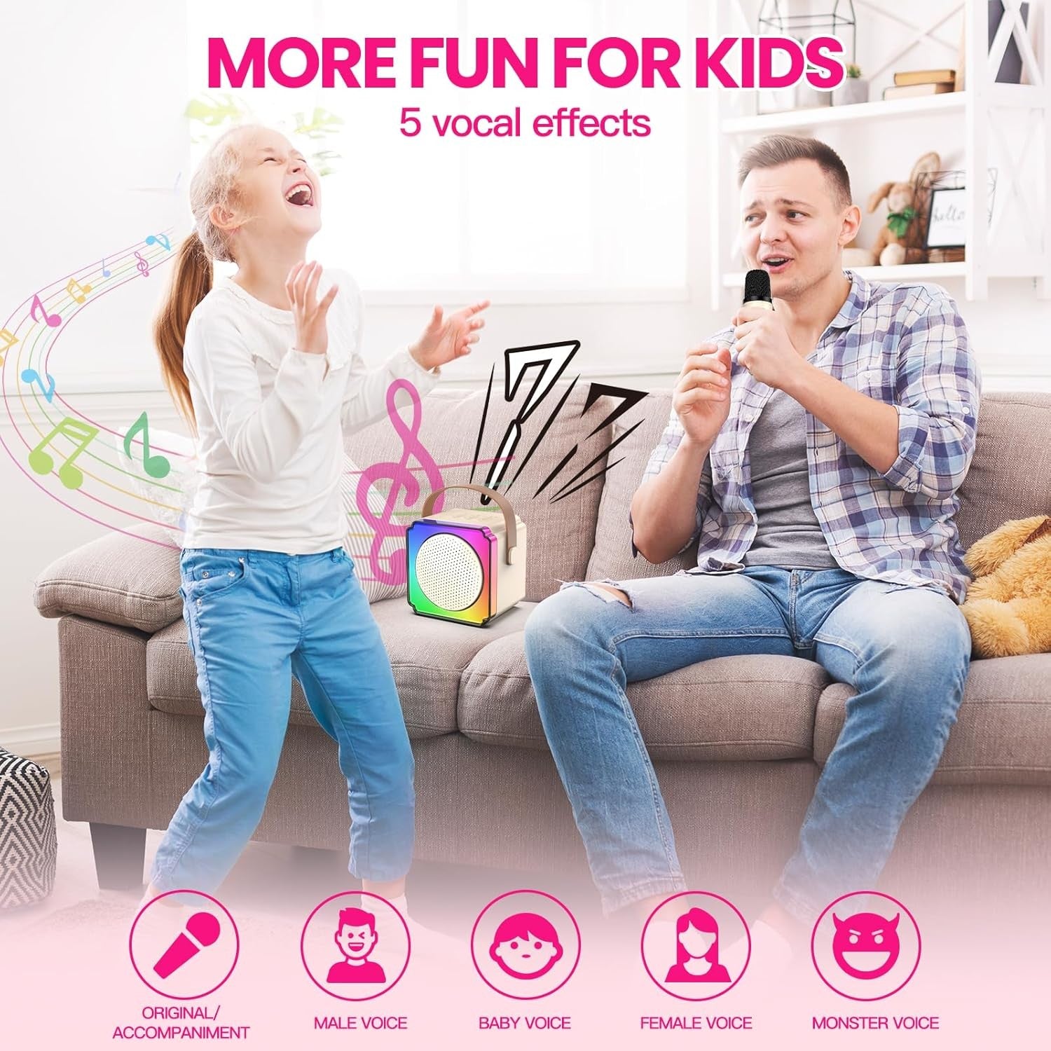 Cream Kids Karaoke Machine with 2 Mics LED Bluetooth Speaker
