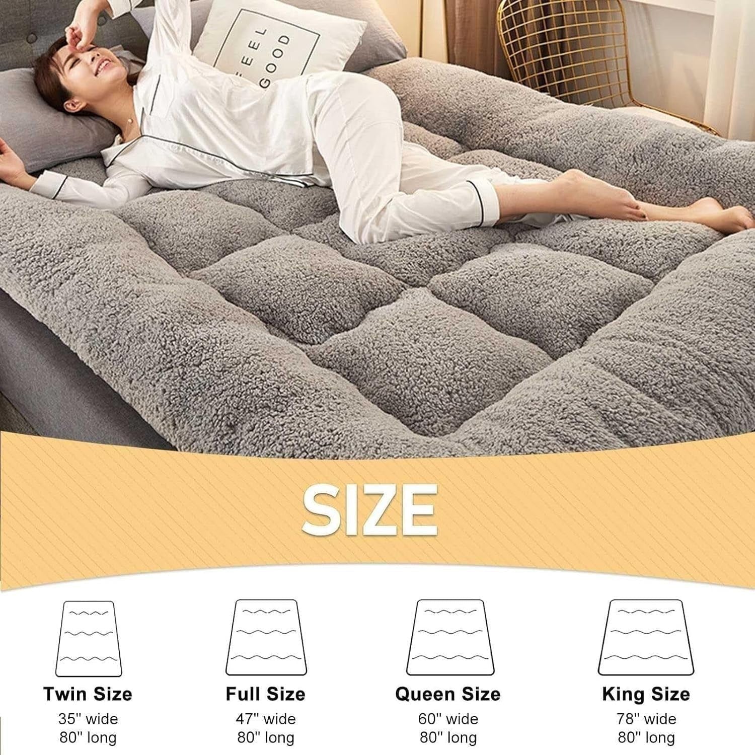 Extra Thick Shaggy Floor Mattress Queen Size Roll Up Bed Futon Pad Grey - Queen