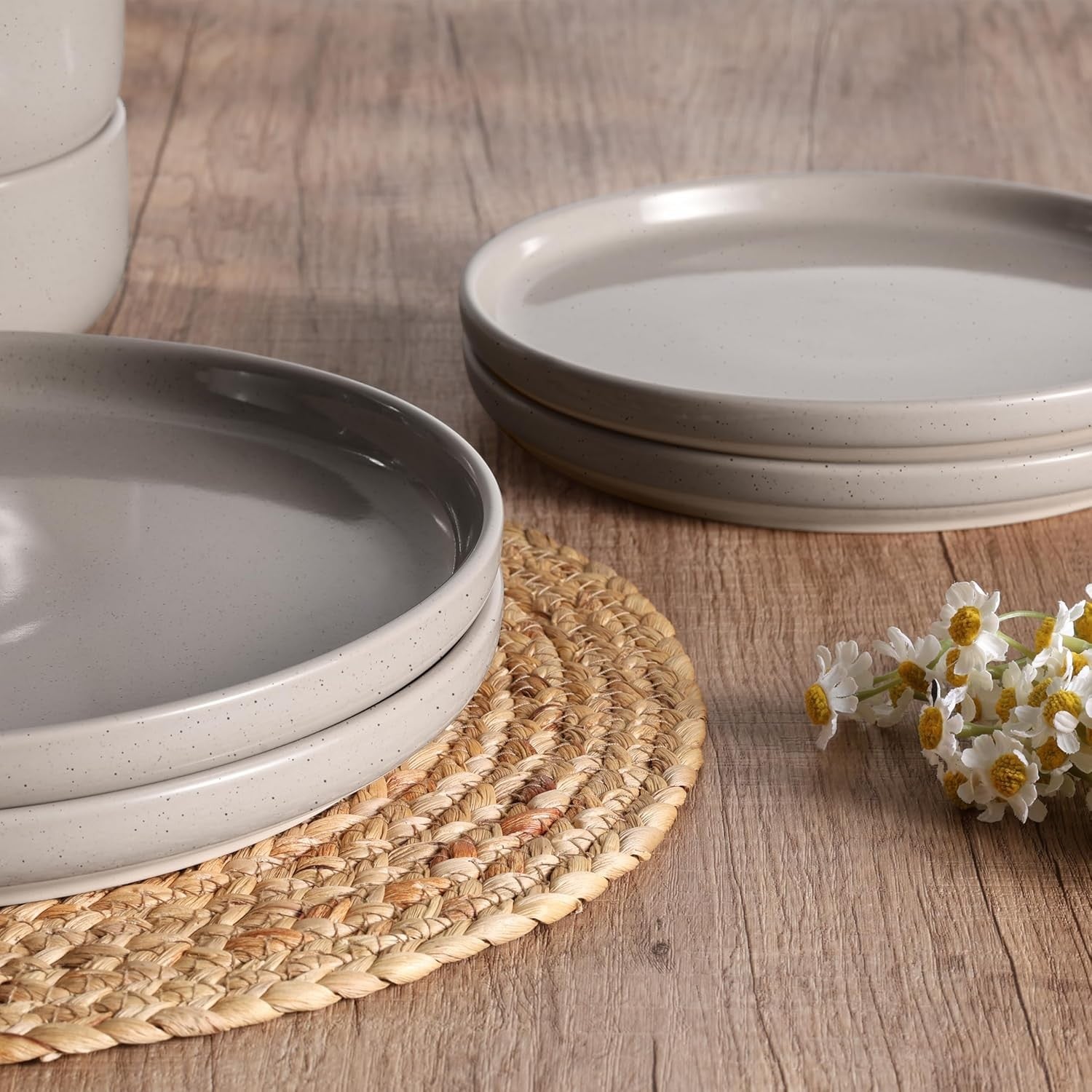 6pc Stoneware Dinnerware Set Plates Bowls Speckled Cream for 2