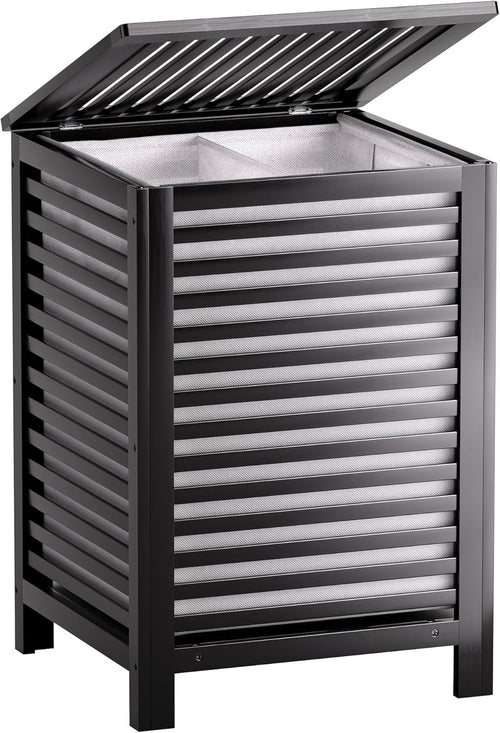 Black Bamboo Double Laundry Hamper with Lid 120L 2 Section Basket 47x47x65cm