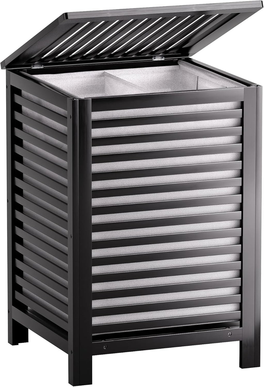 Black Bamboo Double Laundry Hamper with Lid 120L 2 Section Basket 47x47x65cm