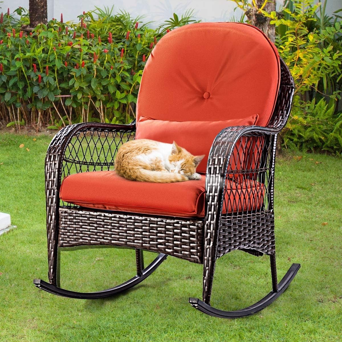 Outdoor Rattan Rocking Chair with Cushions & Lumbar Support, Red