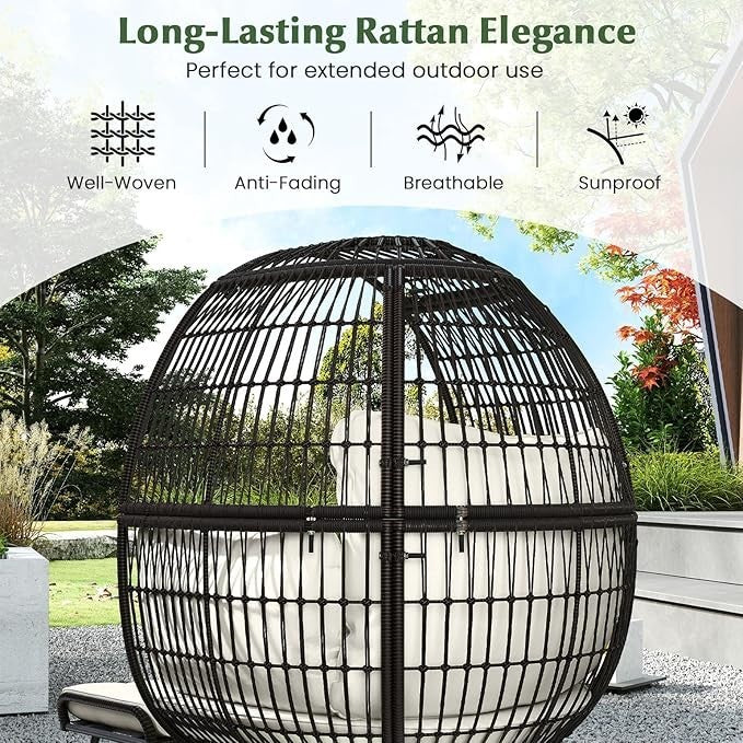 Extra Large Rattan Egg Chair with Footstool Outdoor Indoor Lounge Seat