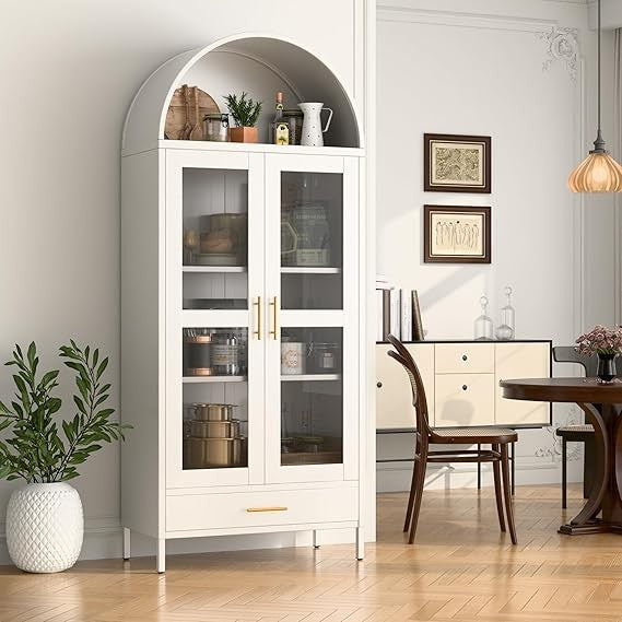 Tall Black Arched Pantry Cabinet – 4-Door Storage Unit with Glass Doors 185cm