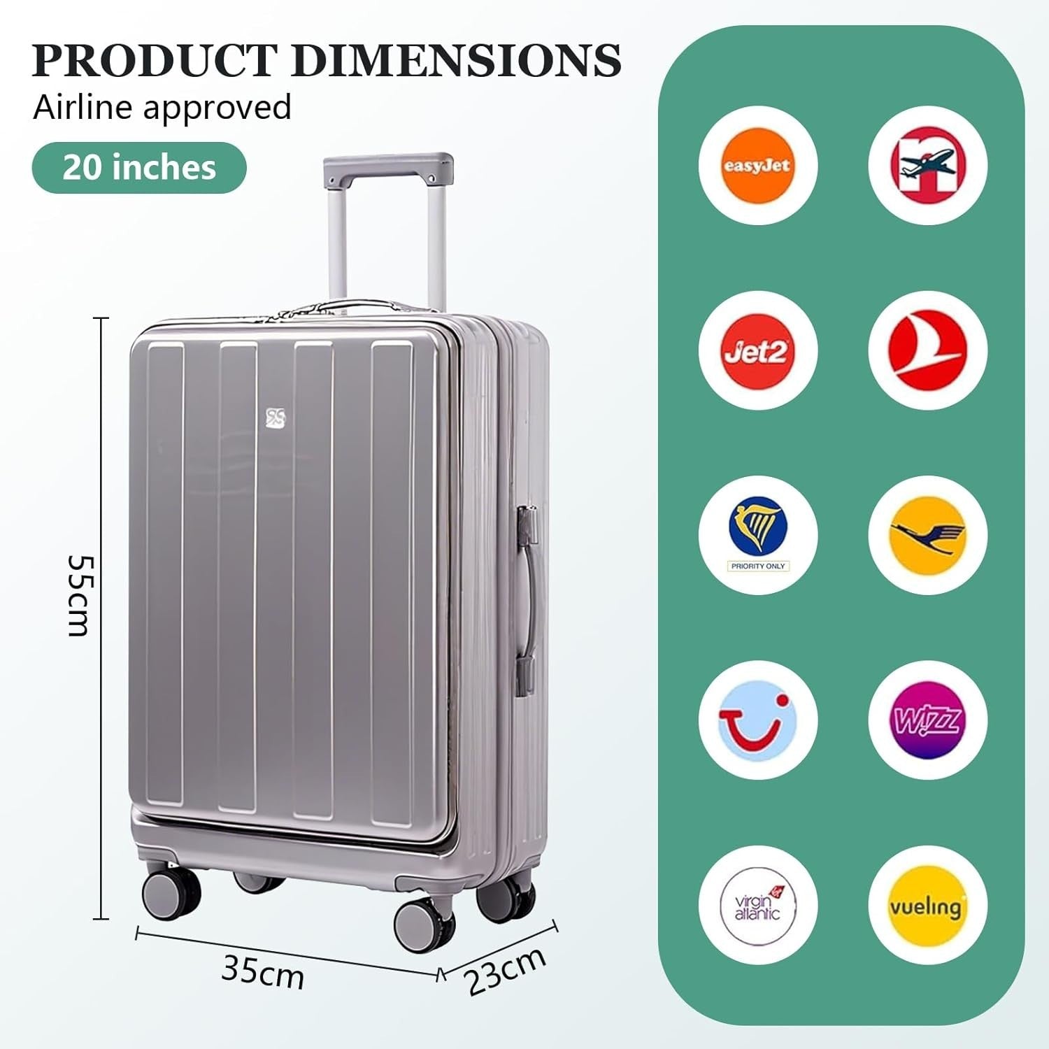 Silver 20” Cabin Suitcase Hard Shell USB Charge Spinner Wheels
