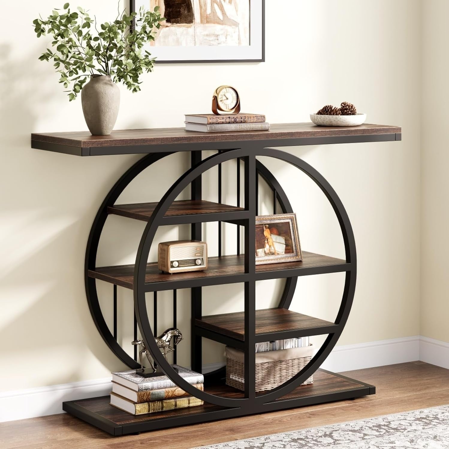 Industrial 5-Tier Console Table with Storage Shelves, Rustic Brown, 100cm