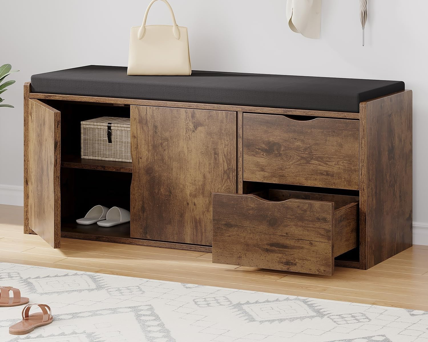 Rustic Brown Shoe Bench with Drawers & Cushion Industrial Storage 101x34x45cm