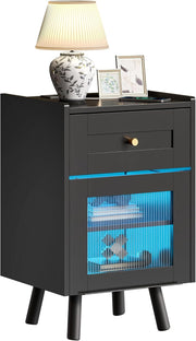Black LED Bedside Table | Nightstand with Drawer & Adjustable Shelf 40×62cm