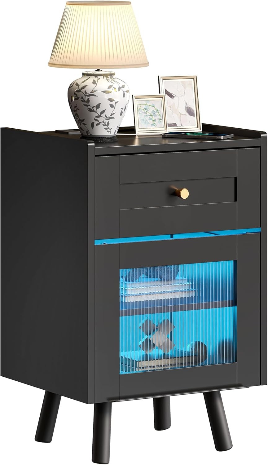 Black LED Bedside Table | Nightstand with Drawer & Adjustable Shelf 40×62cm