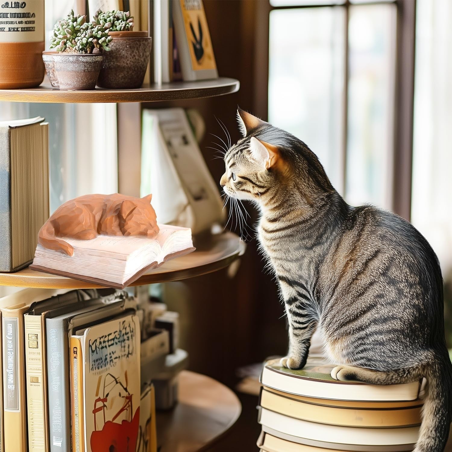 Sleeping Cat on Book Ornament with Bookmark | Cute Cat Lover Gift Brown