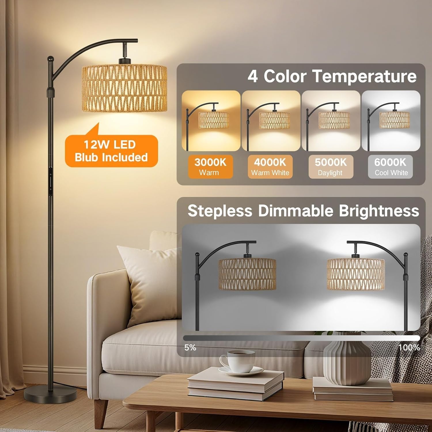 Boho Floor Lamp Rattan Linen Double Shade Dimmable Touch Remote Adjustable