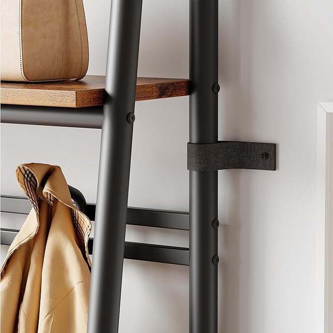 Rustic Brown 4-in-1 Coat Rack with Shoe Storage & 5 Hooks Metal Hall Tree