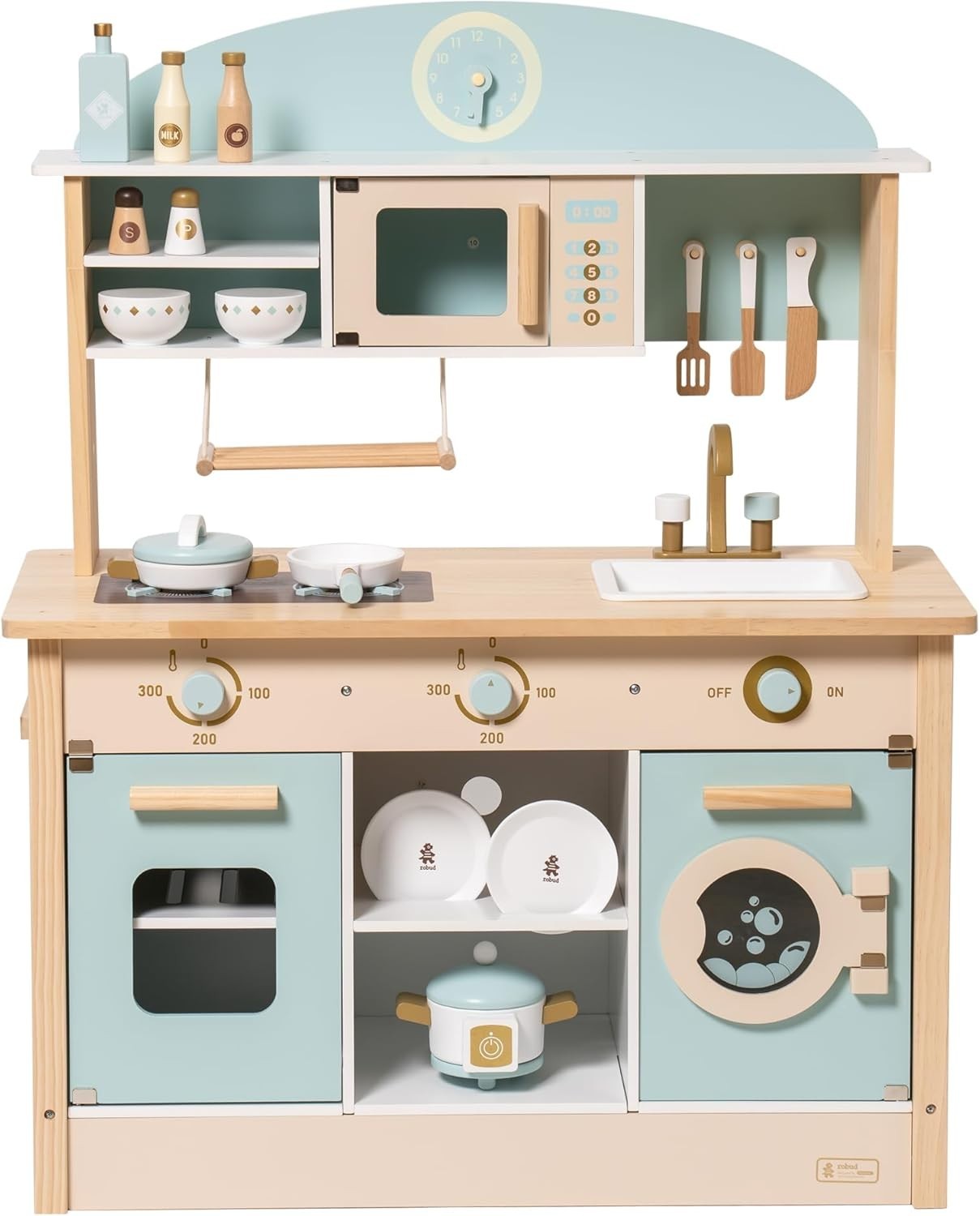Wooden Kids Play Kitchen Green Oven Microwave Washing Machine Toy