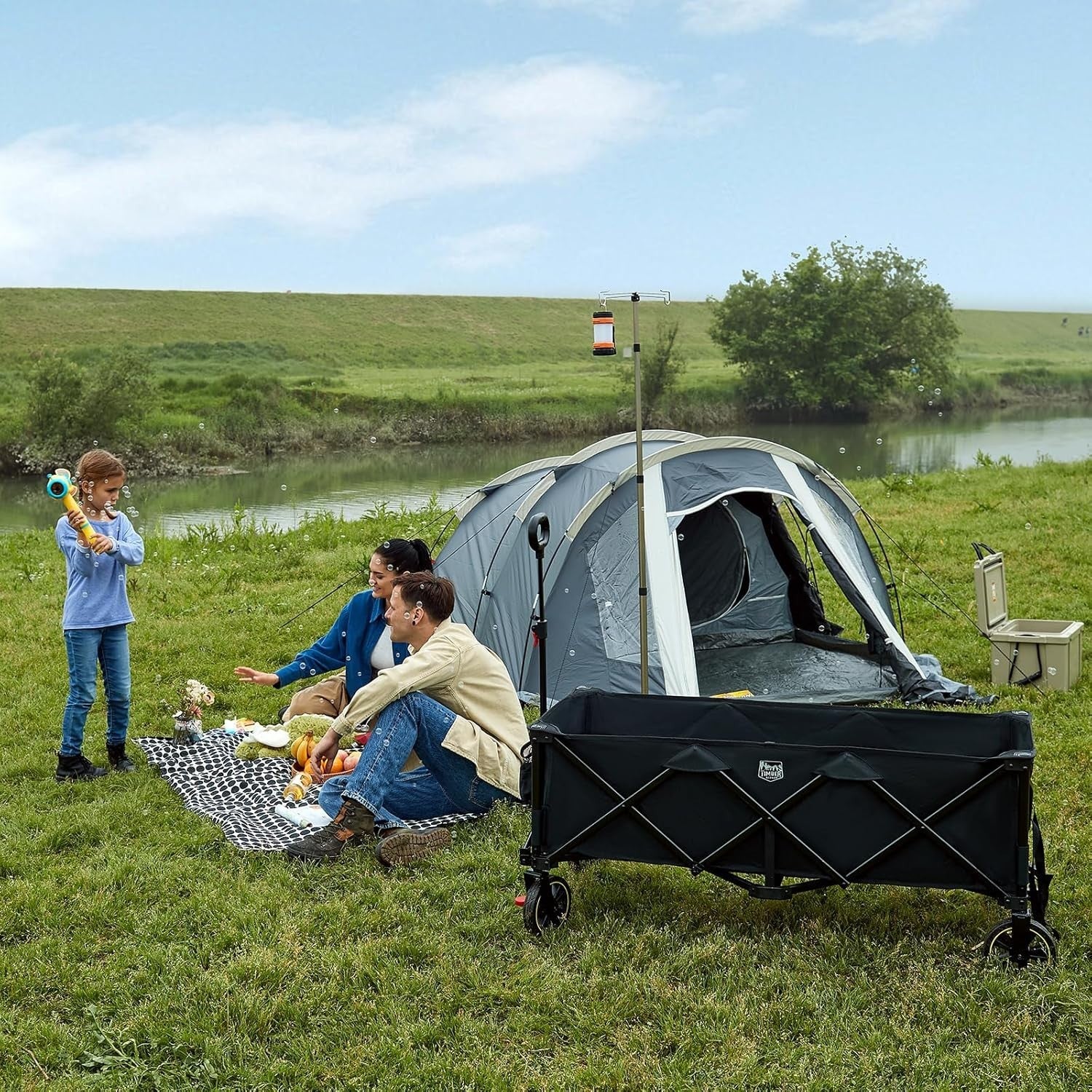 Black 300L Extended Folding Camping Wagon 160kg Heavy Duty Trolley with Brakes