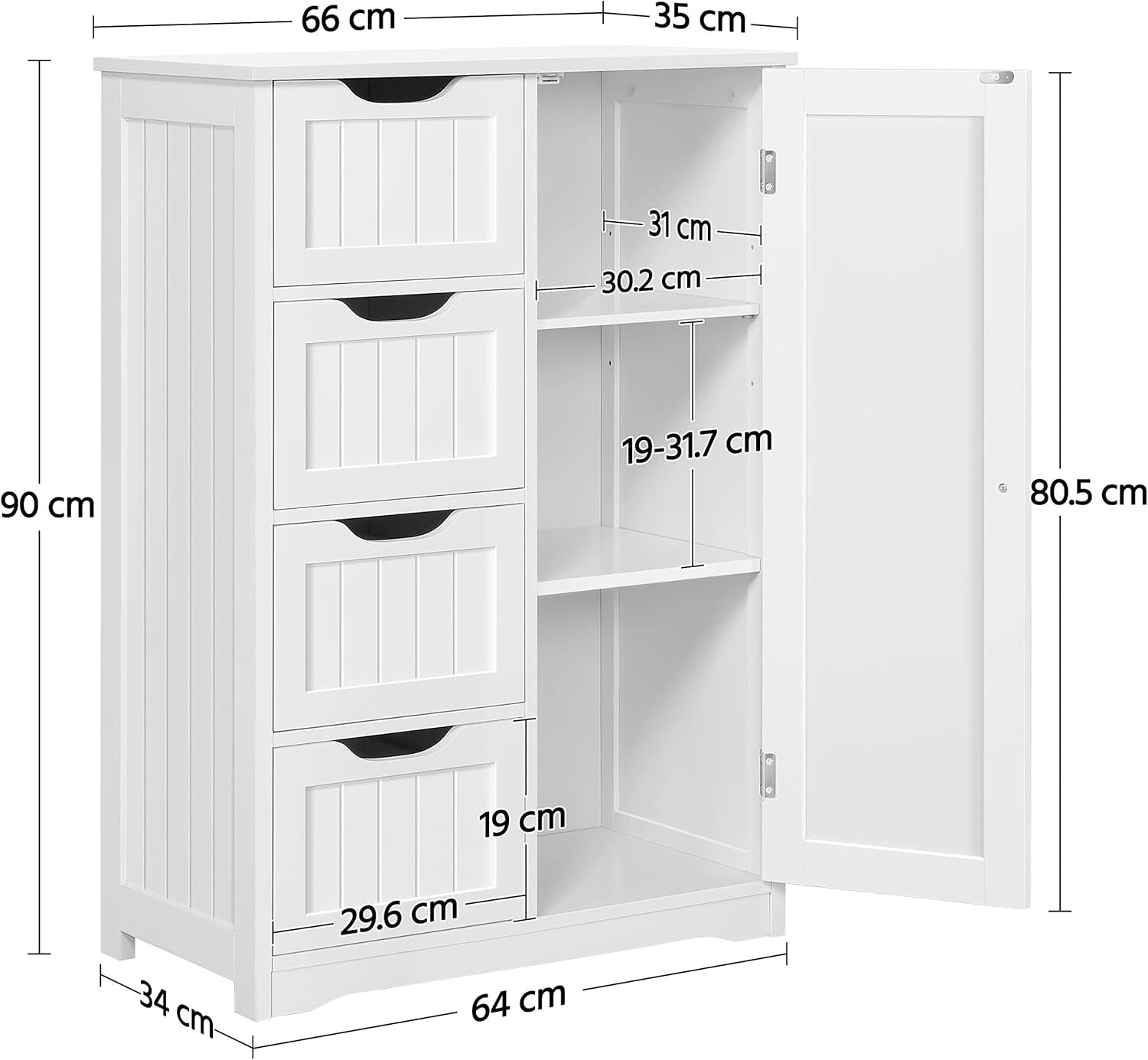 Tall White Bathroom Cabinet 4 Drawer Wooden Storage Cupboard Organizer