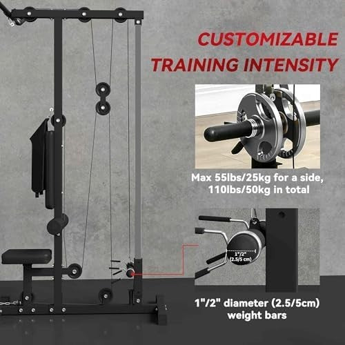 Black Lat Pull Down & Low Row Machine Adjustable Home Gym 50kg