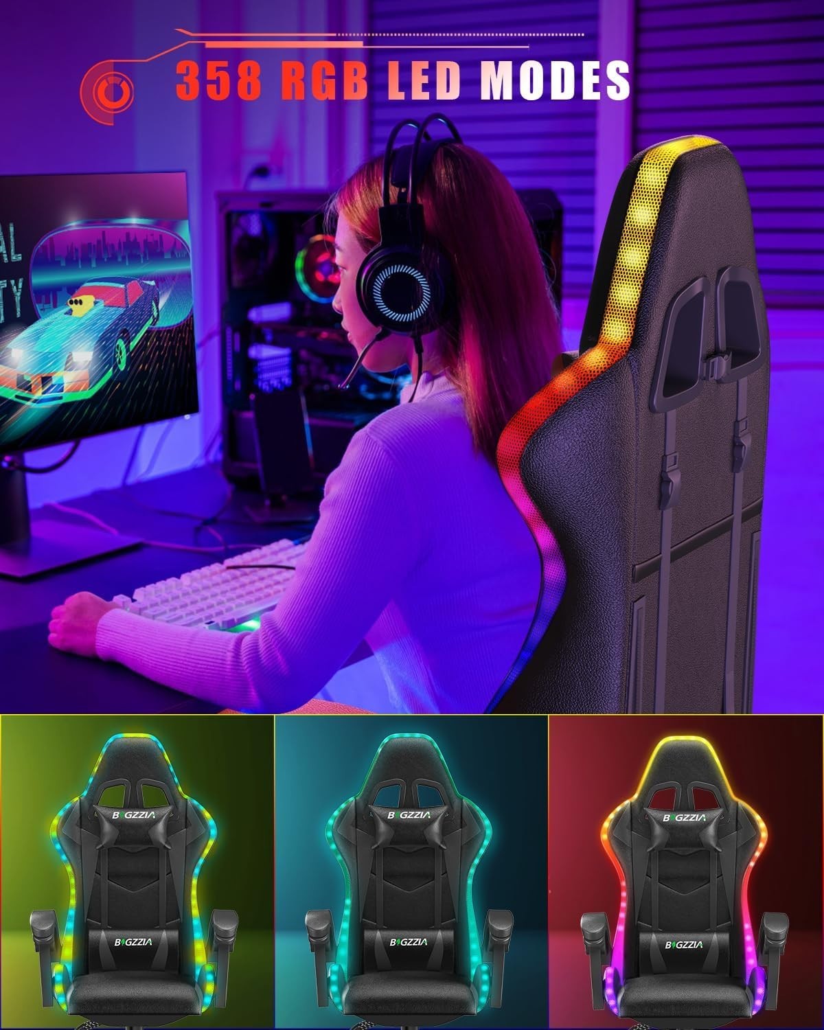 Gaming Chair w/ RGB LED Lights, Recliner $90-155^\circ$ Ergonomic Desk PC Office