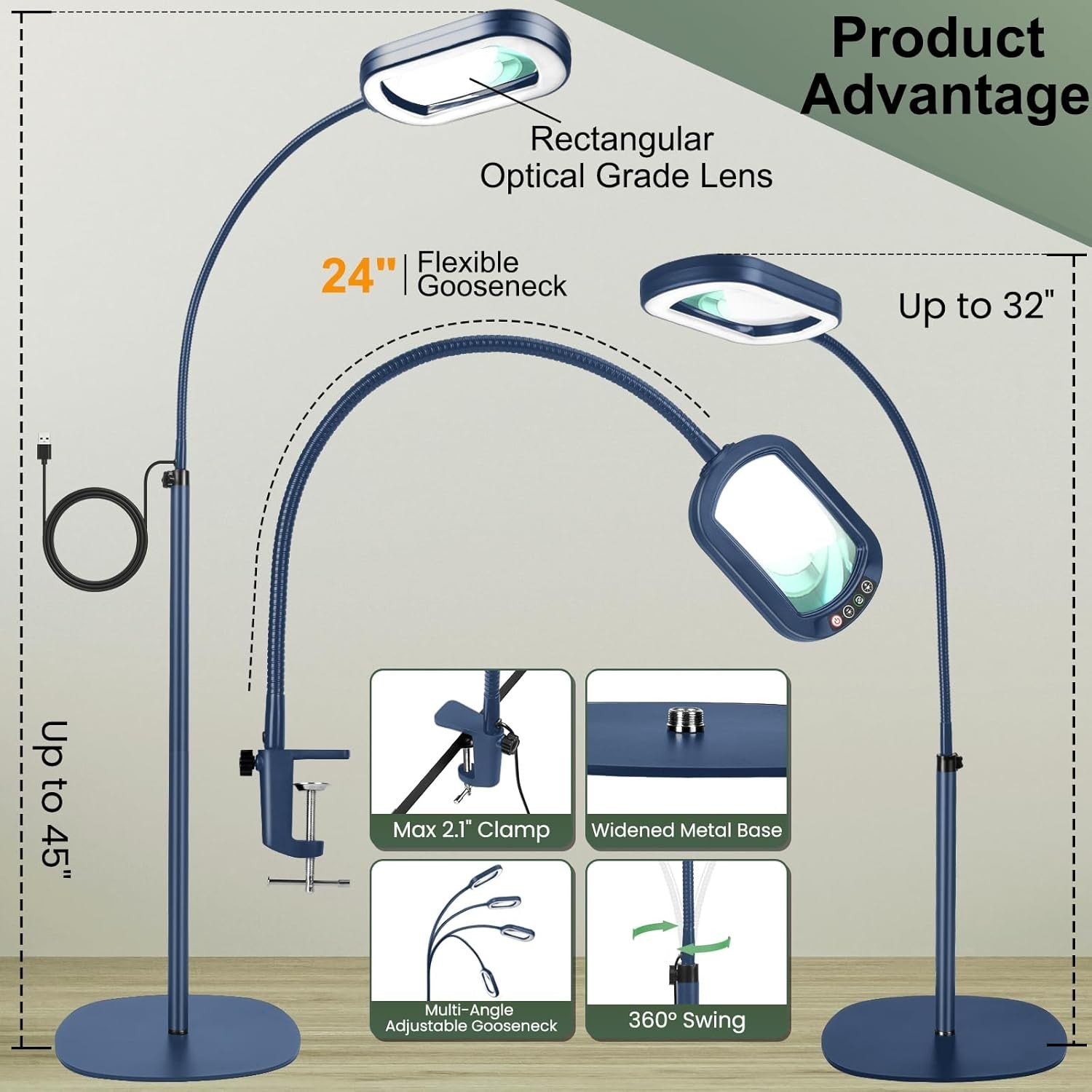 10X LED Magnifying Floor Lamp Hands Rectangular Lens Dimmable Light