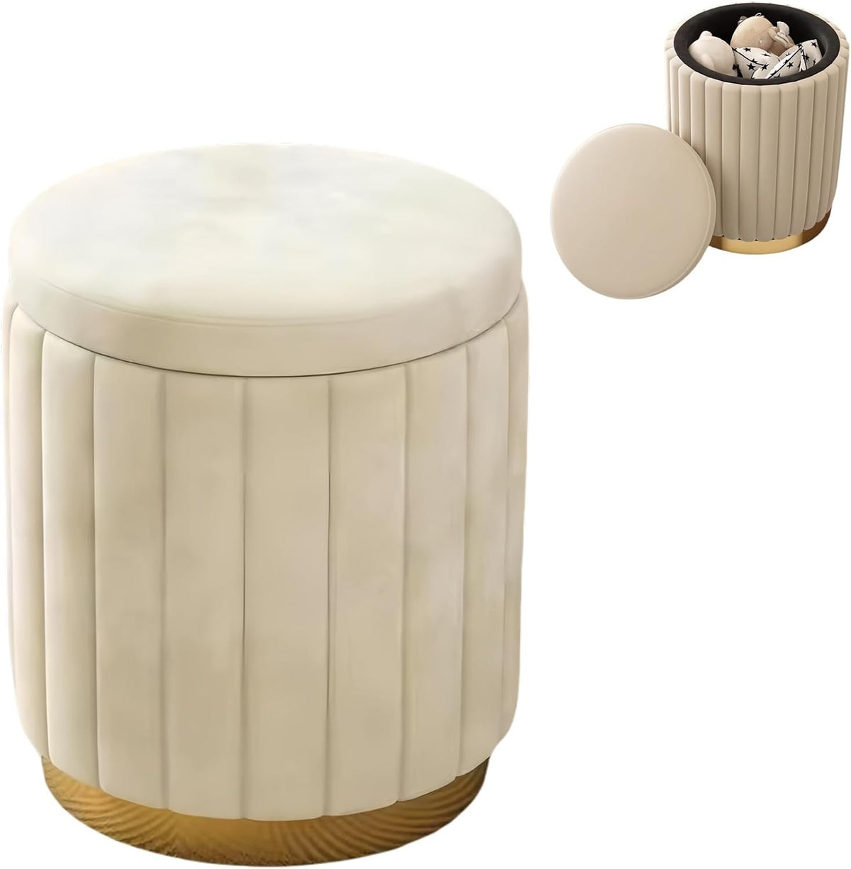 White Storage Vanity Stool – 2-in-1 Dressing Table Seat with Solid Wood Frame