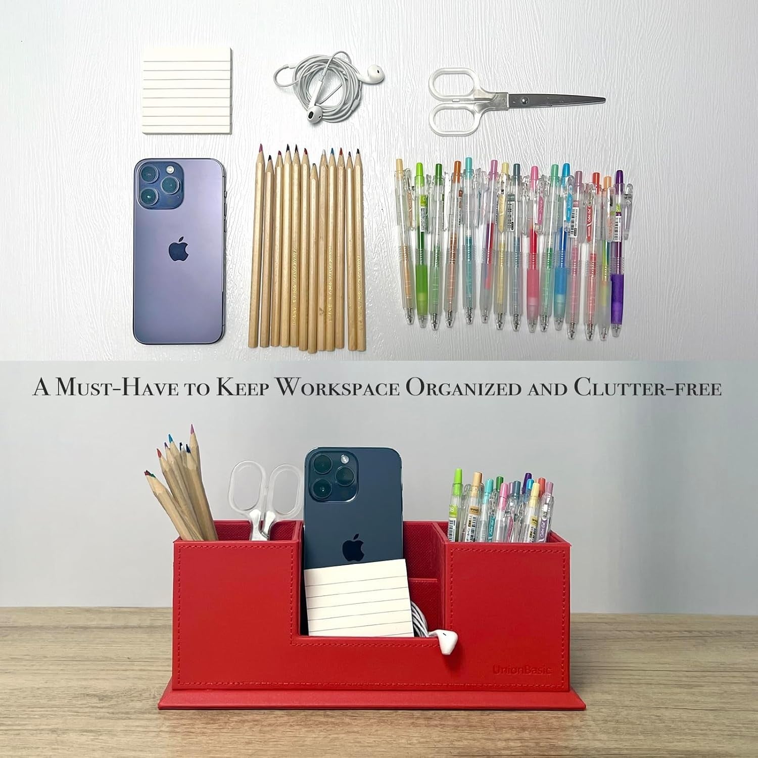 Leatherette Desk Organiser with Dual Pen & Card Holder – Red