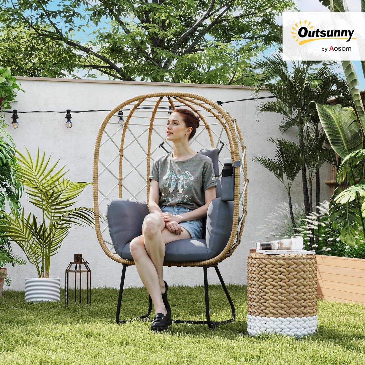 Rattan Egg Chair Outdoor Indoor Standing Wicker Lounge Chair with Cushion