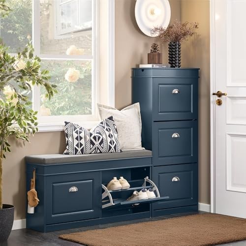 Blue Shoe Storage Bench with Seat & 2 Flip Drawers – Modern Hallway Organizer