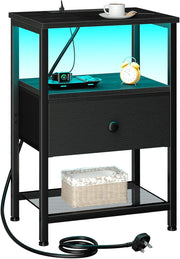 Black LED Bedside Table with Charging Station Drawer & Storage Shelf