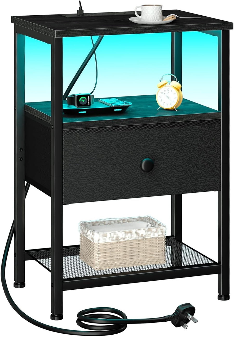 Black LED Bedside Table with Charging Station Drawer & Storage Shelf