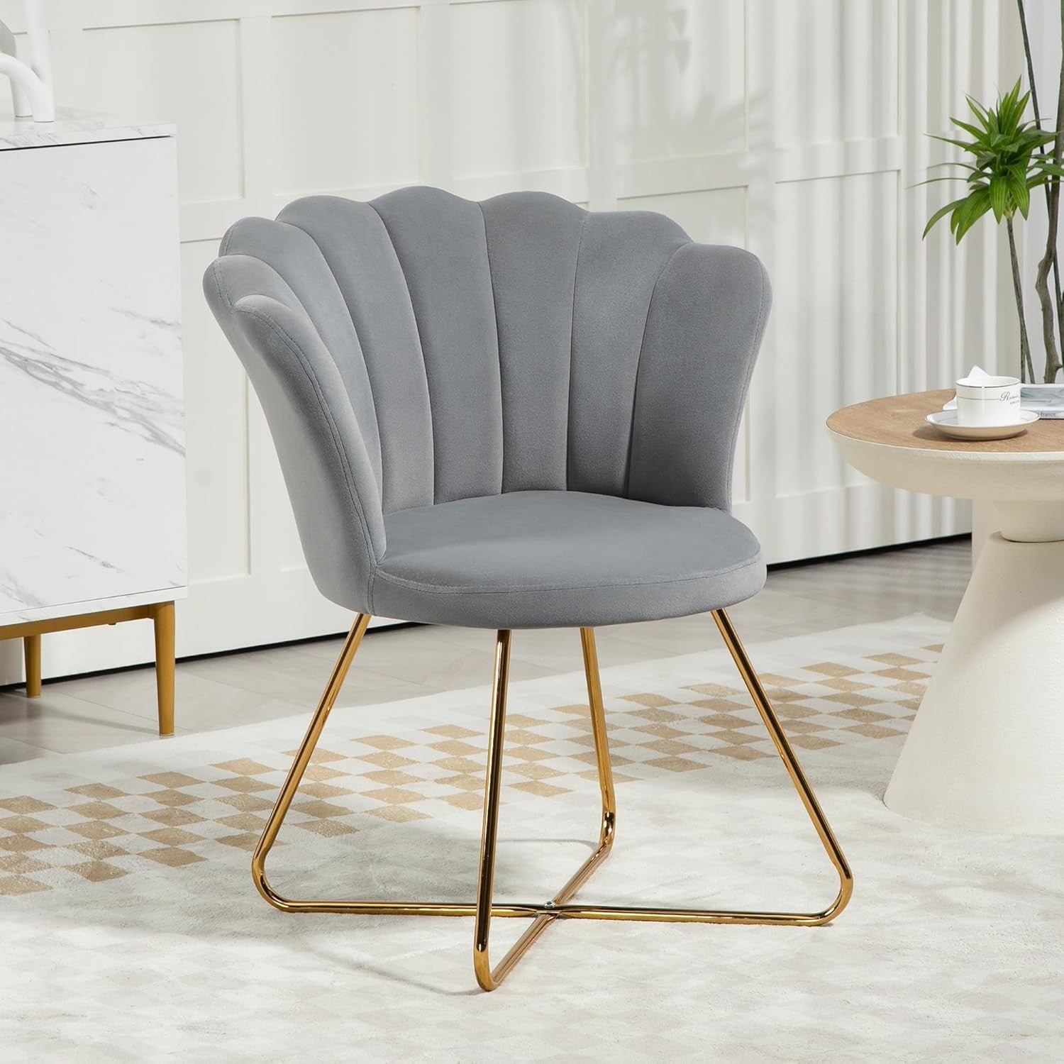 Grey Velvet Tufted Armchair Lotus Backrest Tub Chair Steel Legs