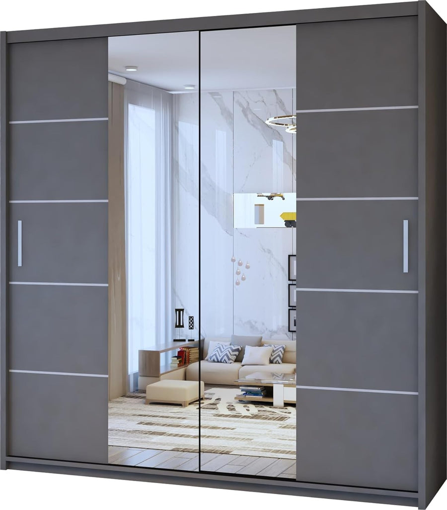 Grey Sliding Door Wardrobe 120cm Mirror | Modern Bedroom Storage Unit