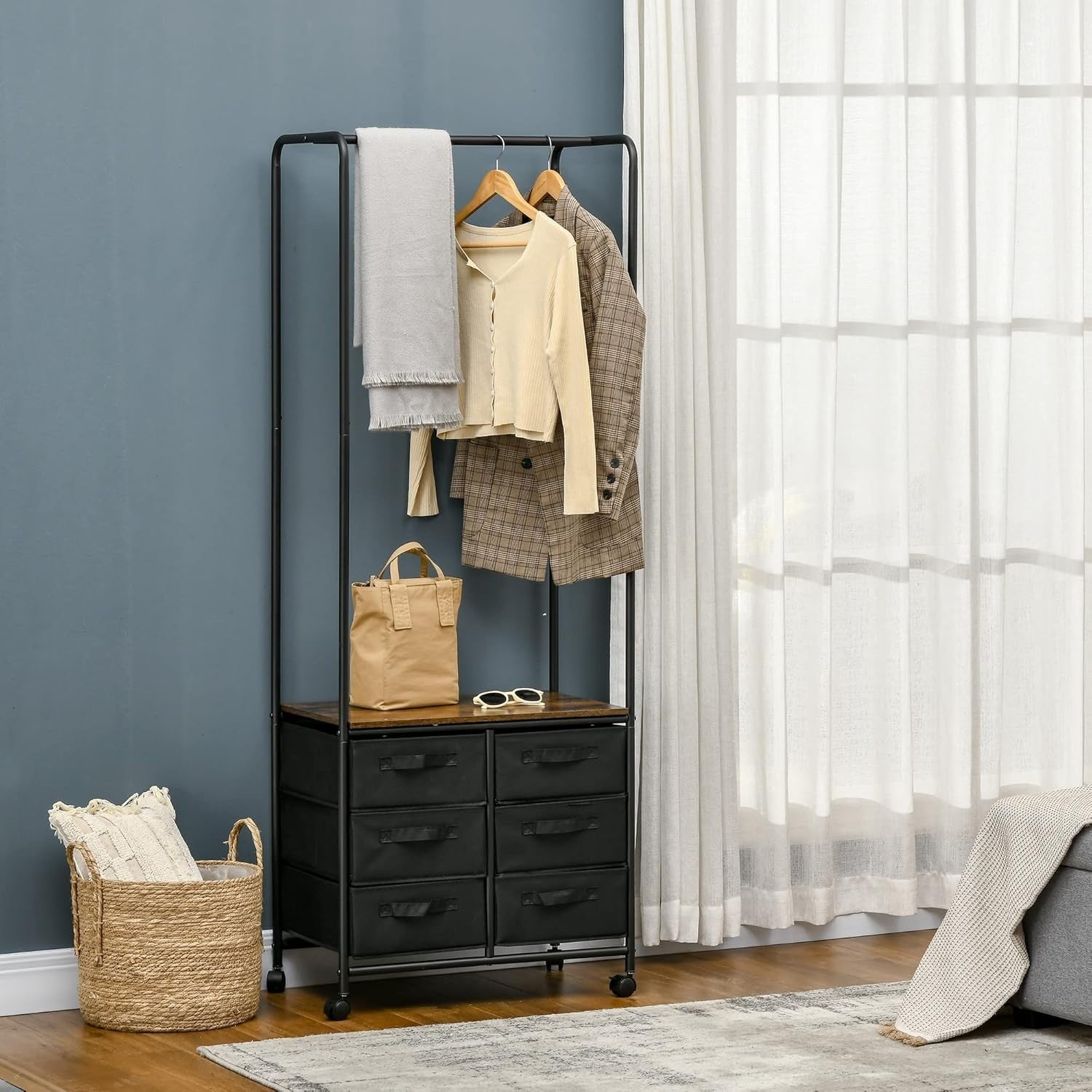 Clothes Rail Industrial Wardrobe with 6 Drawers Rustic Brown