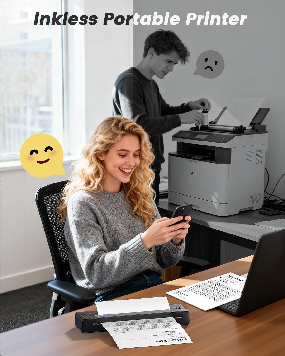 Black Portable Thermal Printer A4/A5/B5 Wireless Inkless Bluetooth Printer