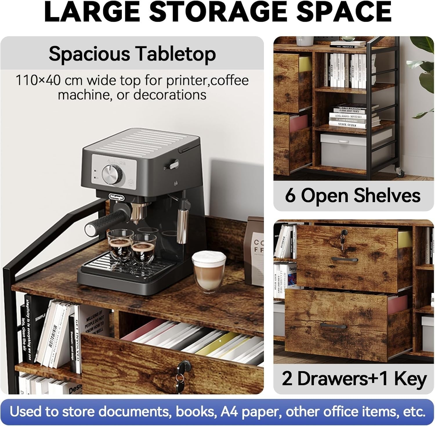 Rustic Mobile File Cabinet w/ Power Outlet Lockable Drawers Printer Desk
