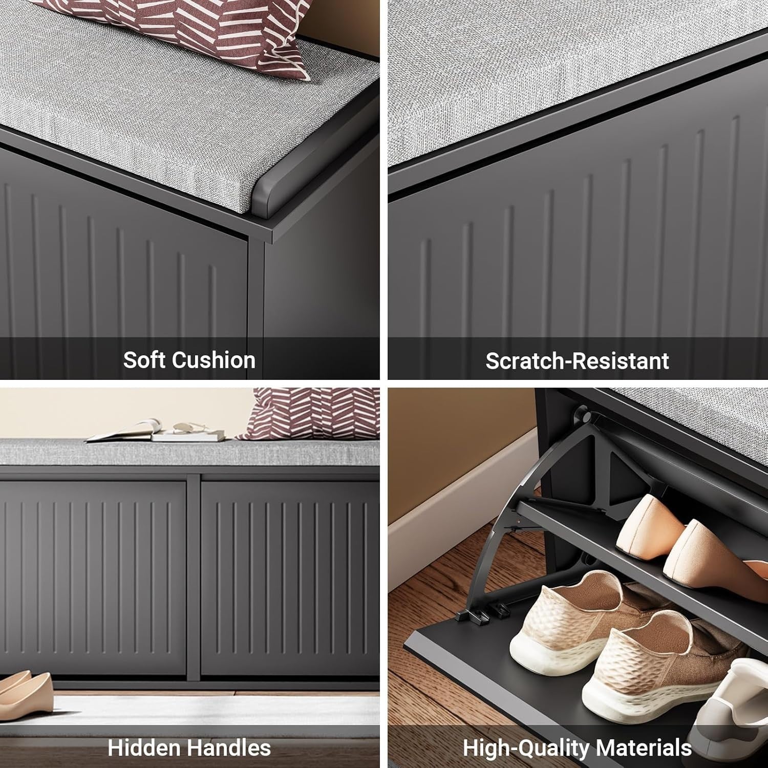 Modern Shoe Storage Bench with Cushion – 2 Flip Drawers, Holds 8 Pairs