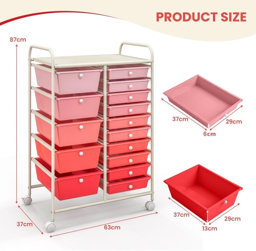 15 Drawer Rolling Storage Trolley Gradient Pink Organizer Cart