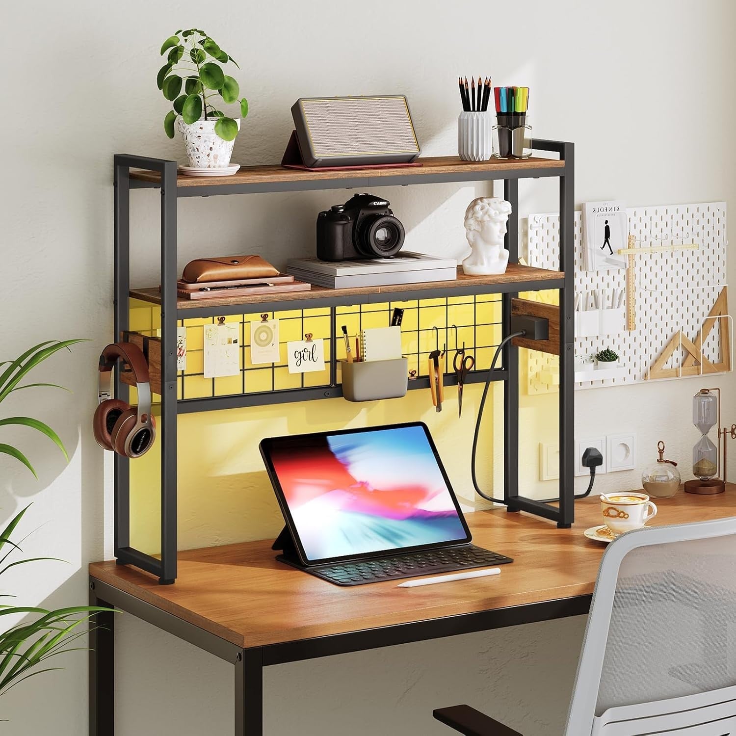 2-Tier Rustic Brown Desk Organizer with LED Lights & Charging Station
