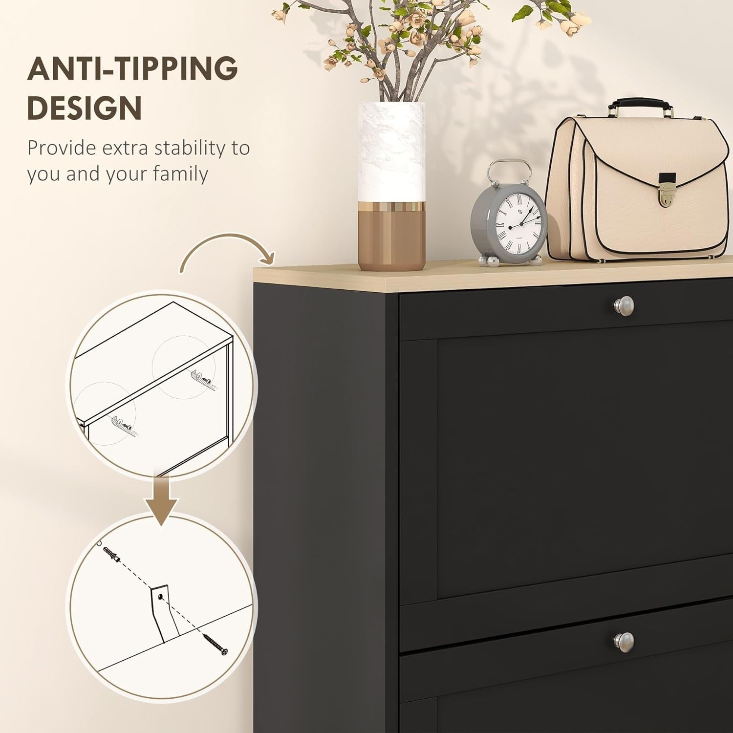 Slim Black Shoe Cabinet 3 Flip Drawers Adjustable Shelves Space Saving Rack