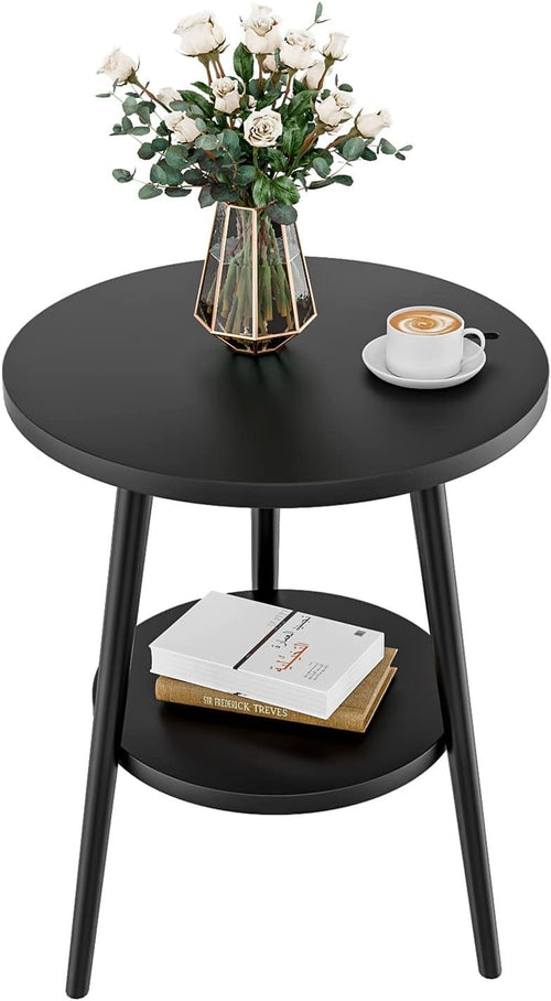 Modern 2-Tier Round Side Table with Metal Frame & Storage, 38x55cm Black