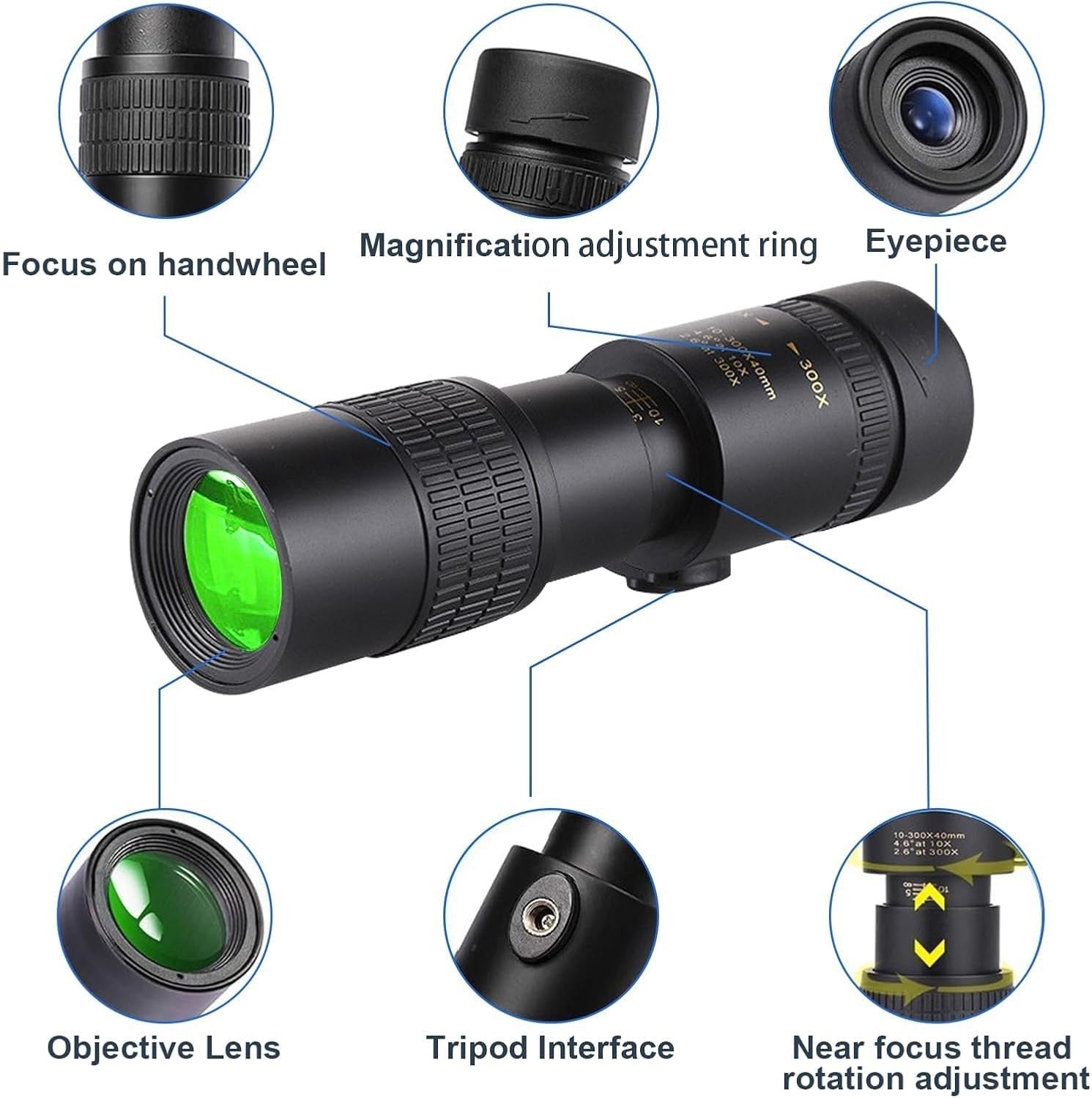 10-30X40 Black Monocular Telescope High Power with Phone Adapter