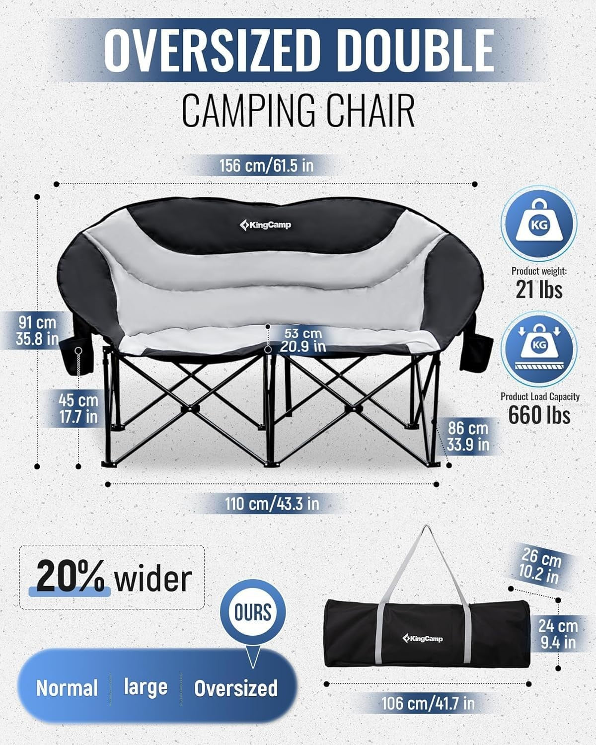 Folding Double Camping Chair Sofa 300kg Padded Armrest Cup Holder