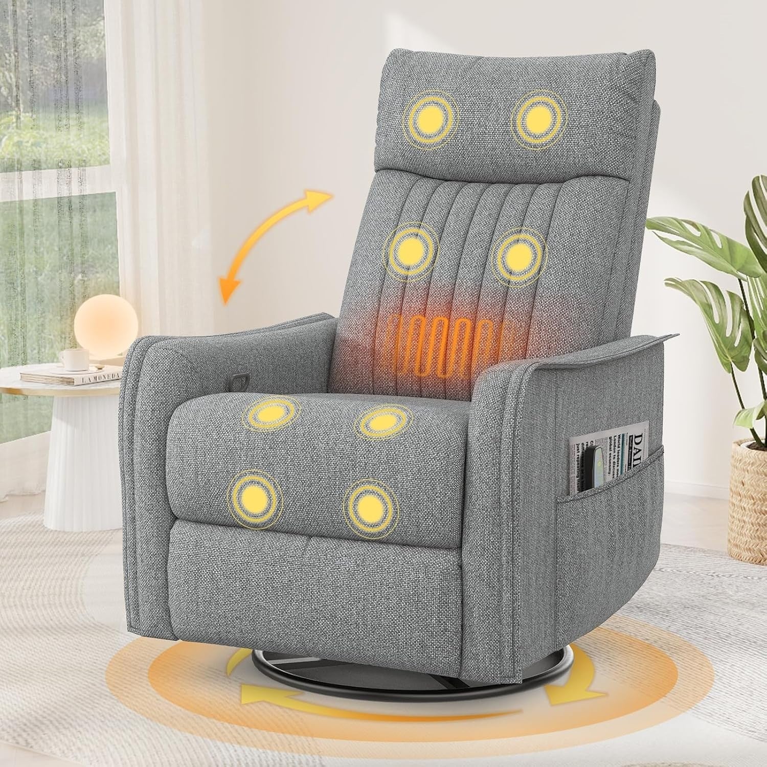 Swivel Rocking Recliner Chair Massage Heat 135° Recline Footrest Pockets