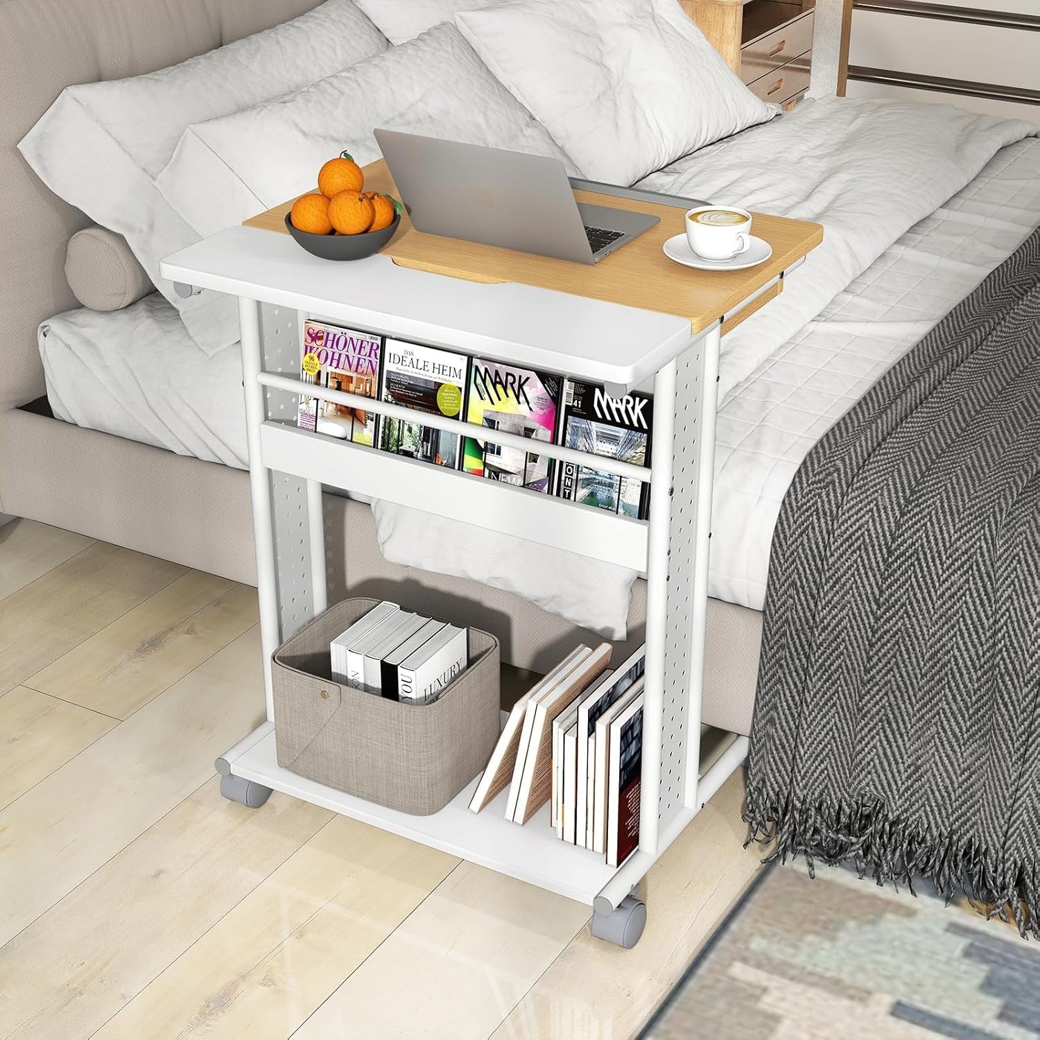 Rolling Laptop Desk with Wheels Tilt Top Storage Shelves Overbed Table