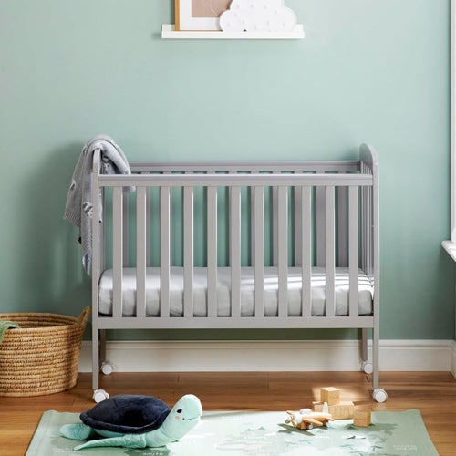 Space Saver Baby Cot Bed Adjustable Height with Wheels White Compact Crib Grey